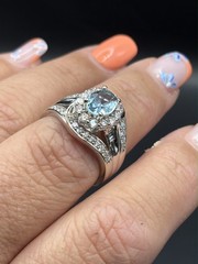 LARGE 2.50 CT DIAMOND & AAA AQUAMARINE 925 STERLING OVAL PEAR SHAPE HALO RING