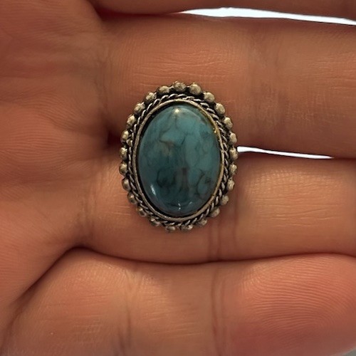 Vintage Oval Stone Turquoise Silver Tone Adjustable Size Engraved Ring 1” +