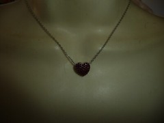 CHOKER SILVER TONE HEART w RED RHINESTONES SILVER TONE CHAIN NECKLACE #23/5A