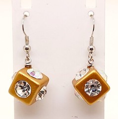 gold tone metal Acrylic clear Rhinestone drop dangle Dice shape Pierced Earrings