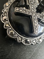 VTG Art Deco Style Crossed Pistols Brooch Pendant Faux Onyx Marcasite Costume