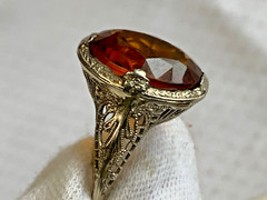 Vtg 14K White Gold Ring 3.51g Fine Jewelry Sz 7.5 Amber Color Oval Stone Prong