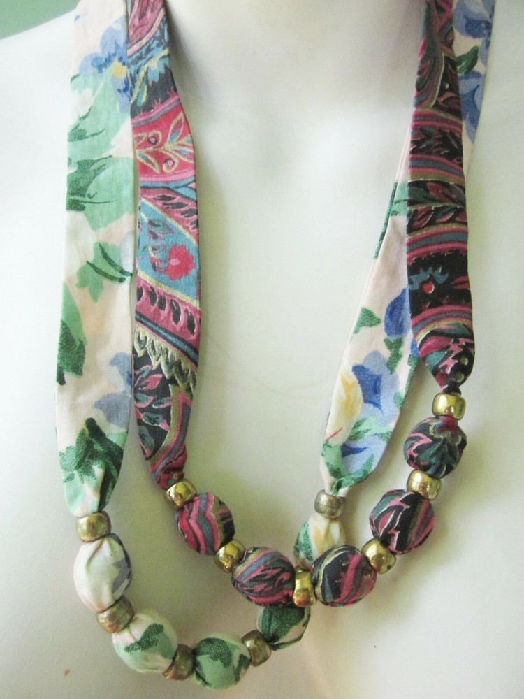 Cottagecore Floral Garden Print Fabric Sash Necklace Knotted Beads Lot of 2 VTG