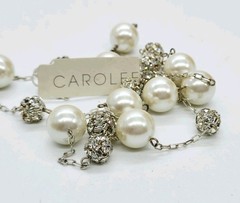 Carolee Vintage Necklace Crystal Accent Faux Pearl Extra long Silver tone 36 in