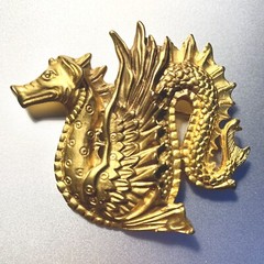 MMA Dragon Brooch Pin Pendant Gold Tone Vintage 1970s Signed Sea Serpent
