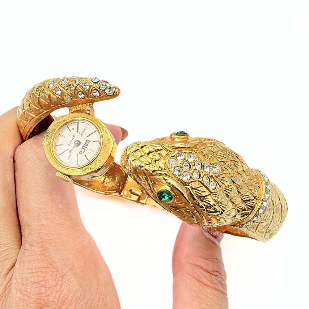 Unic Snake Secret Watch Gold Plated Figural Serpent Bangle Rhinestone Bracelet