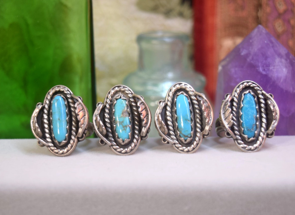 4 Vintage Sterling Turquoise Old Pawn Matching Rings x 4 Lot