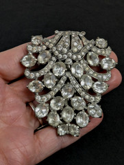 Very Large 1930s EISENBERG Original 3″ Crystal Rhinestone Fur Clip Brooch Signed
