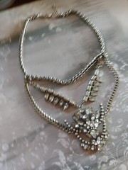 Vintage necklace silver metal chain acrylic rhinestone bib signed Sugarfix