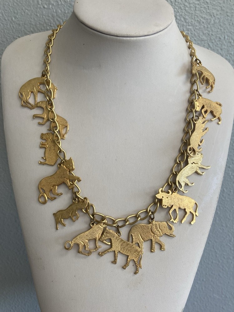 Statement Necklace Gold tone Animals Vintage Necklace African Safari Charm