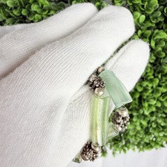 Vintage Sterling Silver Iridescent Green Roman Glass & Beaded Necklace Boho Chic