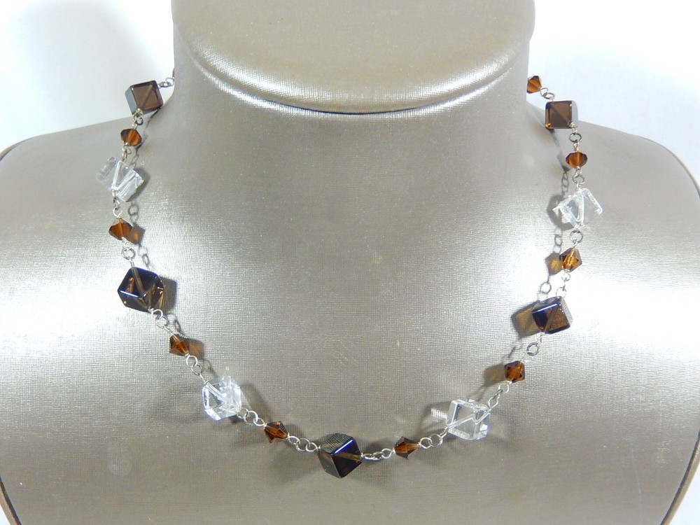 925 STERLING SILVER ROCK CRYSTAL & SMOKY QUARTZ MODERNIST CUBIST 18″ NECKLACE