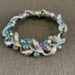 Vintage Rhinestone Bracelet Lisner Aurora Borealis Silver Tone Leaf Design