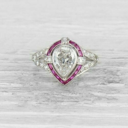 2CT Pear Cut Lab Created Diamond Art Deco Halo Ring 14K Gold Over Vintage Style
