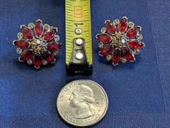 Monet Signed Red Rhinestone Clip On Earrings Gold Tone Marquise Cluster Vintage