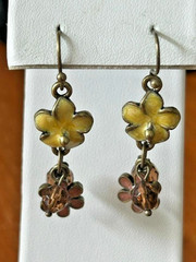 Yellow Enamel Flower Brown Bead Cluster Dangle Earrings Fishhook