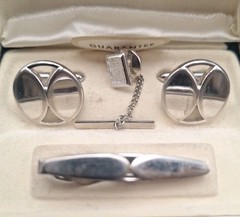 Vtg Men’s SWANK Cufflinks & Tie Clip Tie Bar Set Geometric Circular Ds Slvr-Tone
