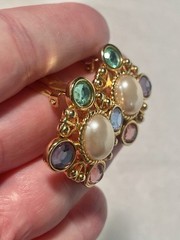 Lady Remington VTG Gold Tone Multicolor Crystal Pearl Clip Earrings 1” NOS Gift