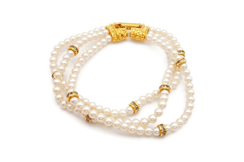 Vintage Bracelet Gold Tone Faux Pearl Rhinestone 7.25″