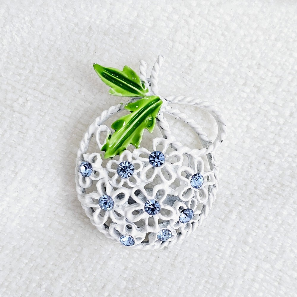 Vintage White and Green Enamel and Light Blue Rhinestone Floral Brooch