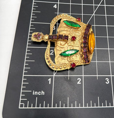 Vtg 1970s Sadie Green Crown Brooch Gold Tone w/ Red Green Amethyst Rhinestones