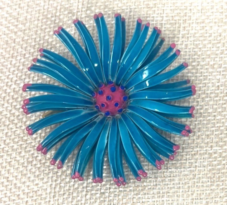 Vintage Blue & Pink Flower Enamel Brooch Pin – Retro Floral Jewelry 2.5 Inches