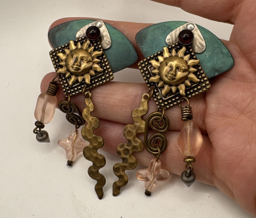 Vintage Earrings Clip on Dangle Copper Brass Garnet Sun Chandelier