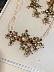 Polki Diamonds & Seed Pearls Vermeil Vintage Necklace and Earrings Set BIN