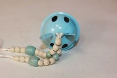 Vtg Blue Easter Bunny Rabbit Jingle Bell Necklace Metal Wood Beads Spring Gift