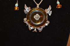 ONE OF A KIND, CUSTOM MADE .925 STERLING SILVER AND AMBER NECKLACE AND EARINGS.