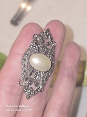 Vtg Sterling Silver Faux Pearl Marcasite Brooch Pin Art Deco Or Victorian