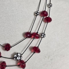 Nine West Multi-Strand Necklace Gunmetal-Tone Chain Red Beads White Rhinestones