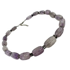 Boho Polished Amethyst Natural Stone Bali Beads Silver Tone 19″ Necklace
