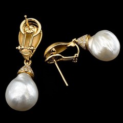 14K YELLOW GOLD DIAMOND & PEARL DROP EARRINGS – 0.20 CTW DIAMONDS + 12MM PEARLS