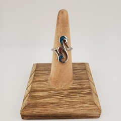 Silvertone Southwest Ring 7.5 Filigree Swirl Turquoise Coral Inlay Artist Signed