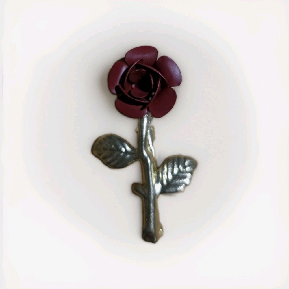 Vintage Red Rose and Bud Gold Tone Pin/ Brooch used 