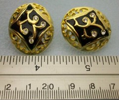 Oval Black Enamel & Clear Rhinestone Stud Earrings Vintage Pierced Everyday Glam