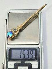 Vtg Sword Saber Brooch Dress Coat Kilt Pin Gold Tone AB Blue Rhinestone 3.5 In