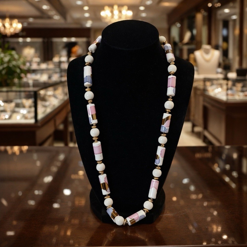 Vintage Ceramic Barrel & Round Beads Necklace – 30” – White Pink Blue – 1980s
