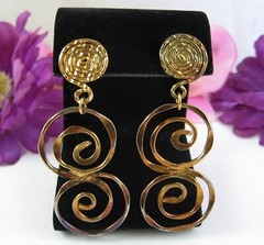 SPIRAL DANGLE EARRINGS Vintage Pierced Post Goldtone Handcrafted Tolarams 2 5/8″