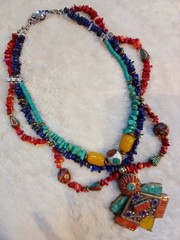 Vtg One-of-a-kind Coral Lapis Turquoise Tibetan Handmade Huge Necklace Pendant