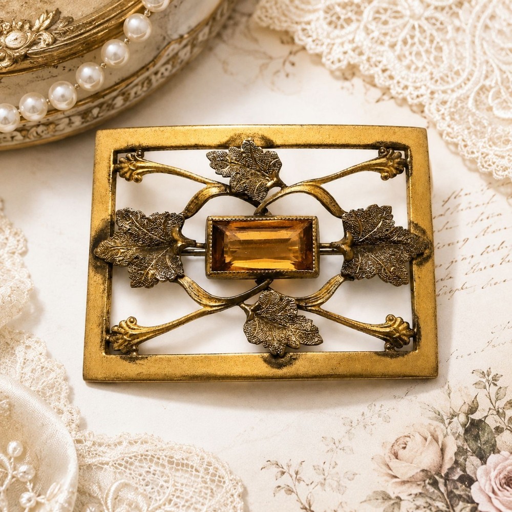 George L Paine Antique Gold Tone Glass Accented Leaf Design Sash Pin Brooch