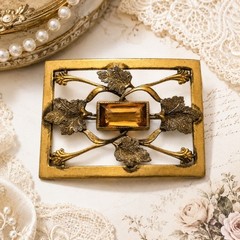 George L Paine Antique Gold Tone Glass Accented Leaf Design Sash Pin Brooch