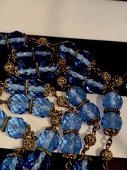 Antique Art Deco Blue Czech Glass & Brass Filigree 34 Inch Necklace 20s-30s