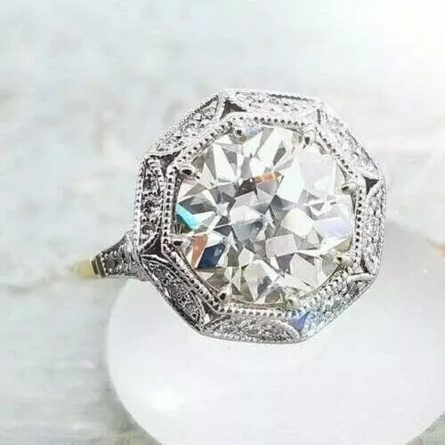 Old European Art Deco Style 3Ct Lab Created Diamond Ring 14k Yellow Gold Finish