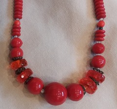 Necklace, Vintage Red glass & plastic beads separated by metal discs