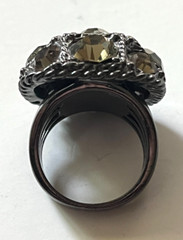 Vintage Dark Cocktail Dome Ring with 9 Greenish/Smoky Rhinestones Size 6