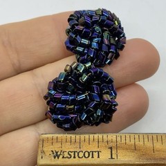 Vtg Iridescent Peacock Purple Blue Bugle Glass Knotted Bead Huggie Earrings Post