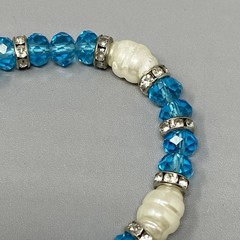 Blue Glass Beaded Bracelet Acrylic White Spacers Owl Bell Charm Stretch Elastic