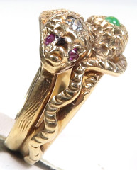 Vintage 14K Rose Gold Double Serpent Ring Diamond Natural Jade & Ruby Eyes Deco